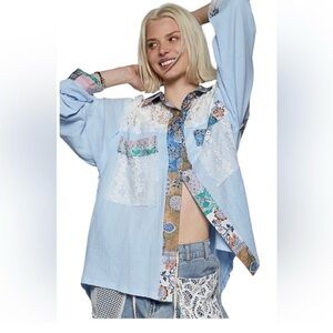 POL Patchwork Lace Button-Up Shirt